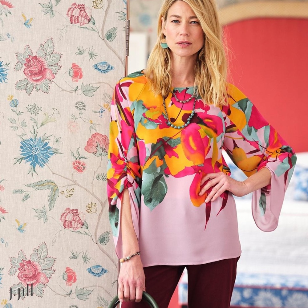 J.Jill Christian Siriano floral pink ruched sleeve blouse
